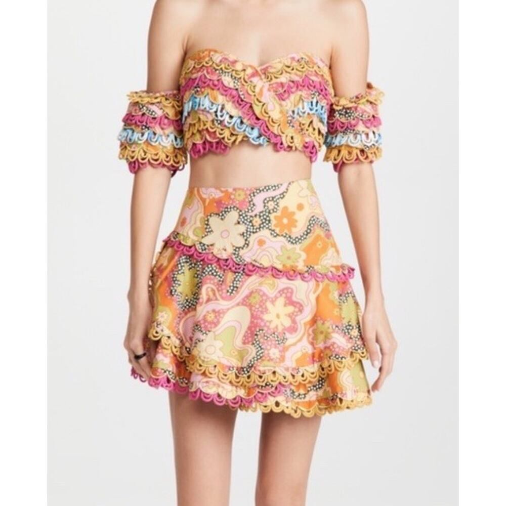 Celia B Corazon Mini Skirt Medium Colorful Embroidered Cotton Ruffle Hem